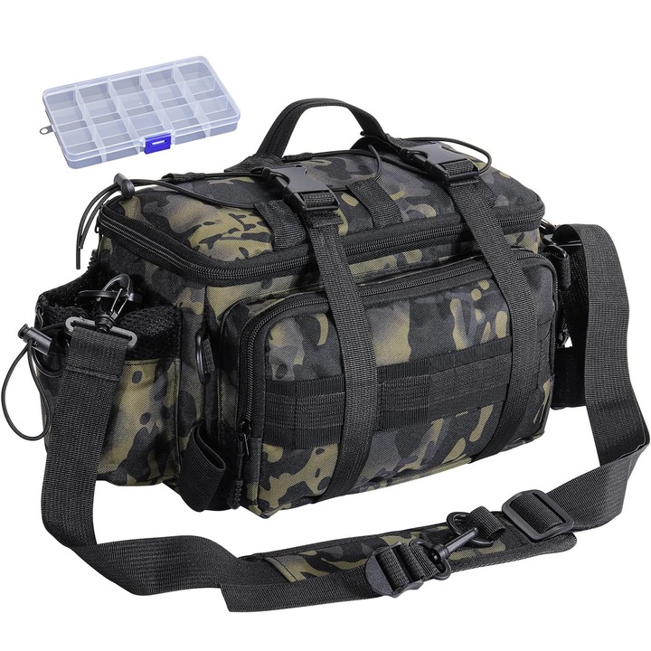 Geanta Accesorii Pescuit, BYONDSELF®, cu Cutie Momeala, 40x15x20 cm, Portabila din Material Oxford Impermeabil, Camouflage