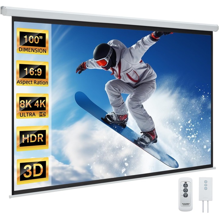 Електрически HD прожекционен екран, GOSTOCK, 1080P/3D поддръжка, 4K ниво на кино, Идеален за домашно кино, Вътрешен/външен, 100 инча, 16:9, Бял