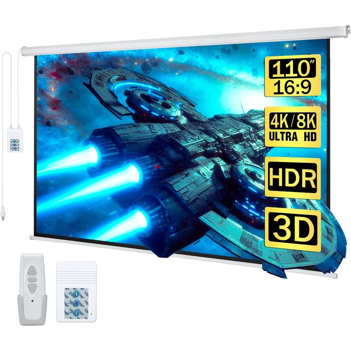 Електрически HD прожекционен екран, GOSTOCK, 1080P/3D поддръжка, 4K кино ниво, Идеален за домашно кино, Вътрешен/външен, 110 инча, 16:9, Бял