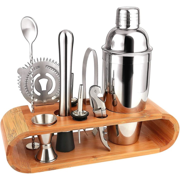 Бармански комплект за напитки, кана, бамбукова поставка, шейкър Cobbler 750 ml, 10 части, неръждаема стомана, сребро