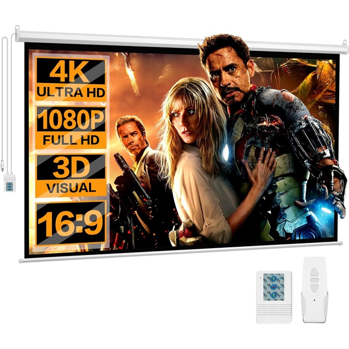 GOSTOCK Електрически HD прожекционен екран, 1080P/3D поддръжка, 4K ниво на кино, Идеален за домашно кино, Вътрешен/външен, 84 инча, 16:9, Бял