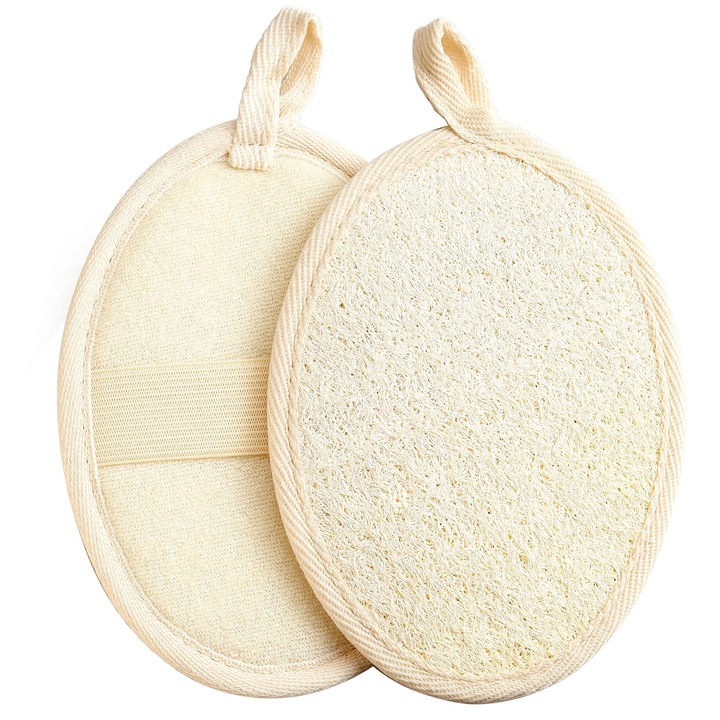 Set 2 Burete Lufa de baie exfoliant, Zggzerg, Curatare profunda a pielii corpului, Moale si confortabil, Prietenos cu mediul, Reutilizabil, Mic si portabil, Poate fi utilizat pentru camping, spa, bucatarie, 9cm x 14cm, Bej