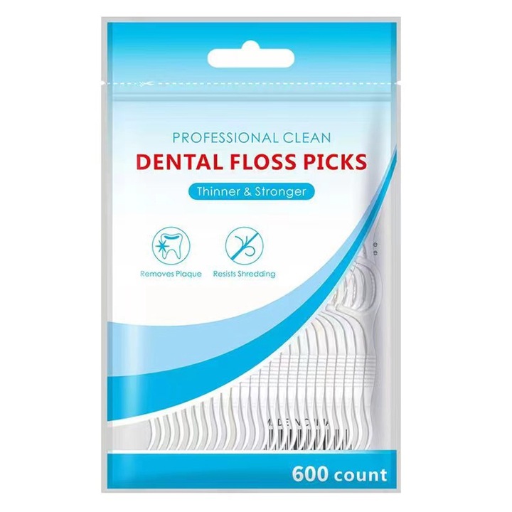 Ata Dentara Cu Scobitoare, Zggzerg, 2 in 1, 600 bucati/punga, Rezistent la uzura, Curatare rapida, Design ergonomic, Portabil, Pentru ingrijirea orala, indepartati murdaria dintre dinti, Plastic, 20cm x 32cm, Alb