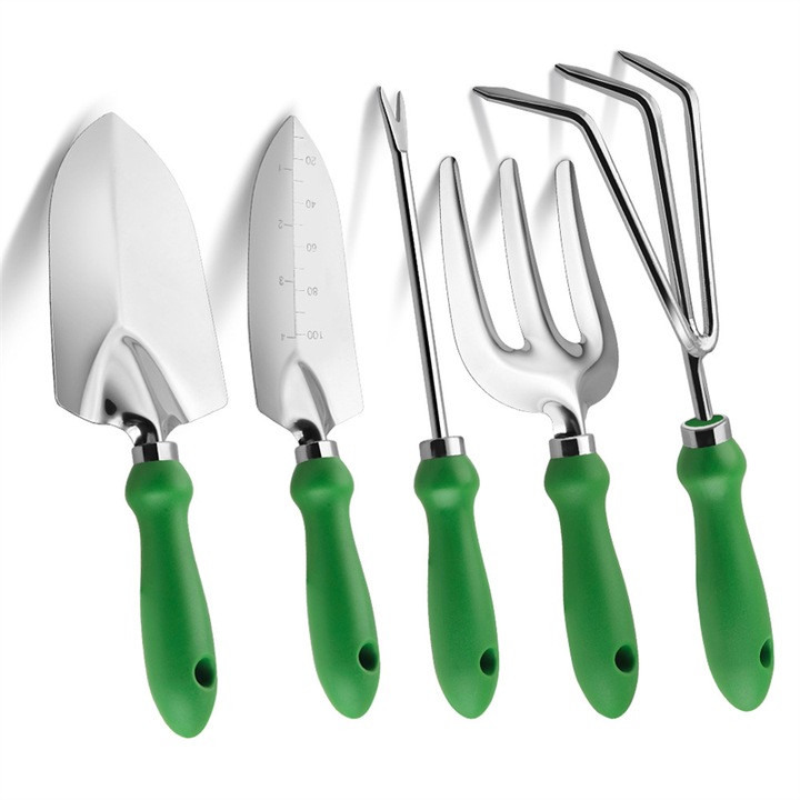 BOMSTOM kerti szerszámkészlet, 5 db, fém és műanyag, zöld, 63x265mm/85x265mm/30x285mm/90x270mm/90x235mm