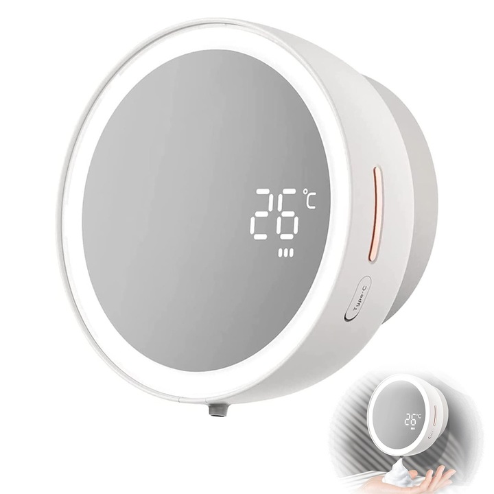 Автоматичен дозатор за пенлив течен сапун с LED осветено огледало за грим, монтаж на стена, сензор за движение, безконтактен, 3 нива на дозиране на пяна, цифров дисплей, акумулаторна батерия 1500mAh, USB-C, температурен дисплей, бял