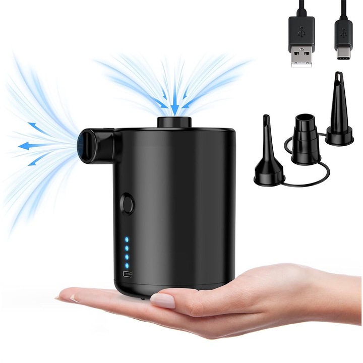 QEM inflátor szivattyú, vezeték nélküli, 4000mAh, 3 fúvóka, hordozható, fekete