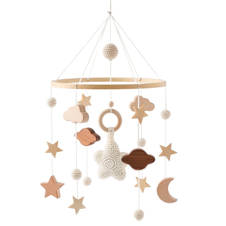 Kiságyforgó, Zggzerg, Tartozékok felhőkkel, holddal és csillagokkal, Lágy színek, Könnyen felszerelhető, Gyakorolja a baba hallóképességét és serkenti az érzékszervi fejlődést, A nyugodt alvásért, Fa/textil, 23 x 49 cm, Bézs