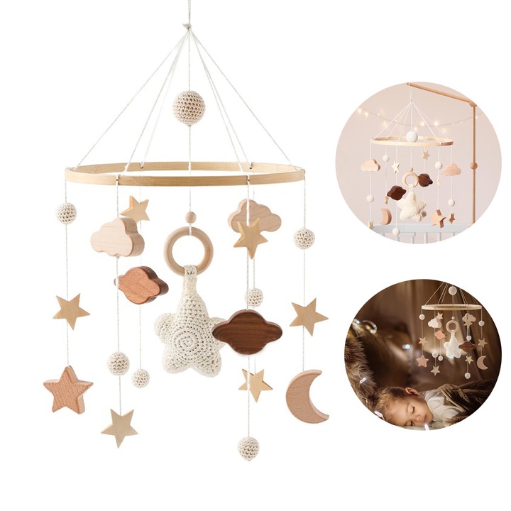Carusel Pentru Patut, Zggzerg, Lemn/Textil, decoratiune camera pentru copii, Accesorii cu nori, luna si stele, Culori moi, Exercitati capacitatea de auz a bebelusului si stimulati dezvoltarea senzoriala, Pentru un somn linistit, 23 x 49cm, Bej
