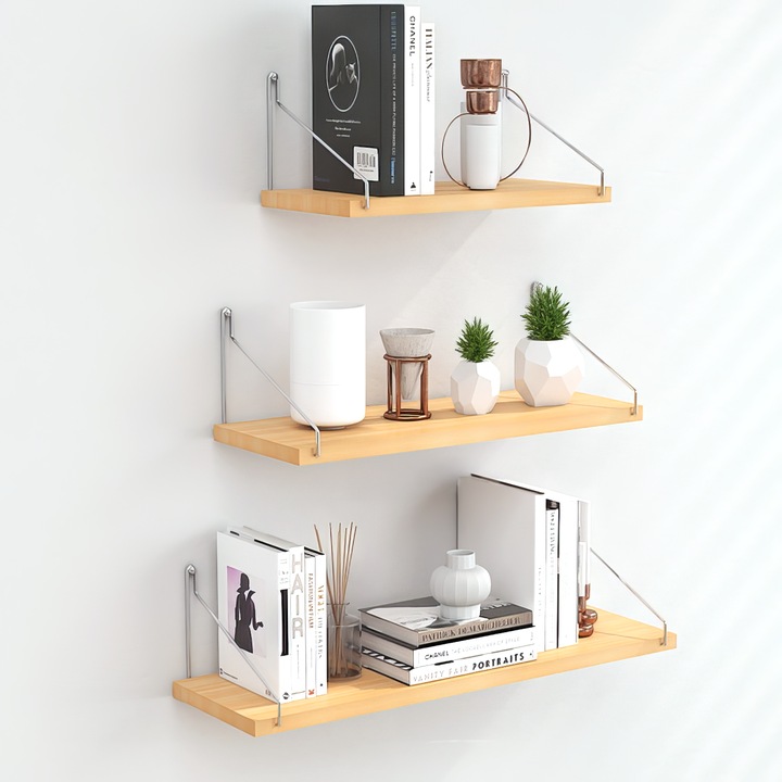 3 db lebegő polc készlet, Paulownia fa, falra szerelhető, bézs, 30x15x1,5 cm/40x15x1,5 cm/50x15x1,5 cm
