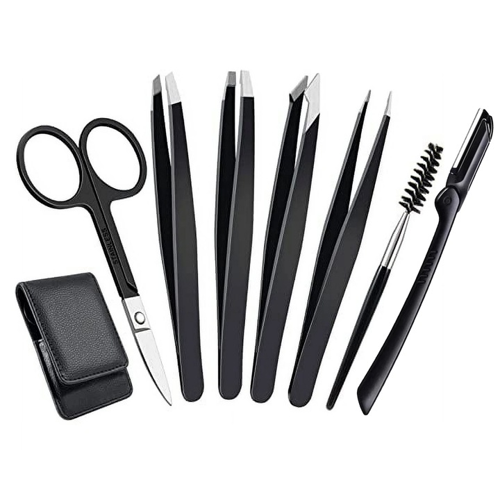 Комплект от 7 пинсети за мигли/вежди, Hggzeg, различни дизайни, безопасни и издръжливи, чудесен подарък за инструменти за красота, с четка за мигли, ножици, чанта за съхранение, наклонен връх, неръждаема стомана, черни