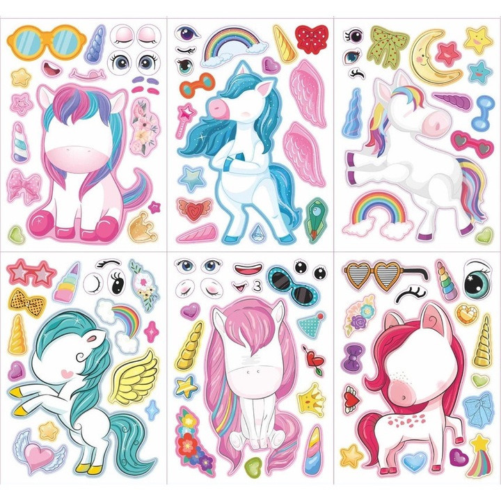 Комплект от 12 листа декоративни стикери за деца, еднорози, винил, многоцветни, 21x15см