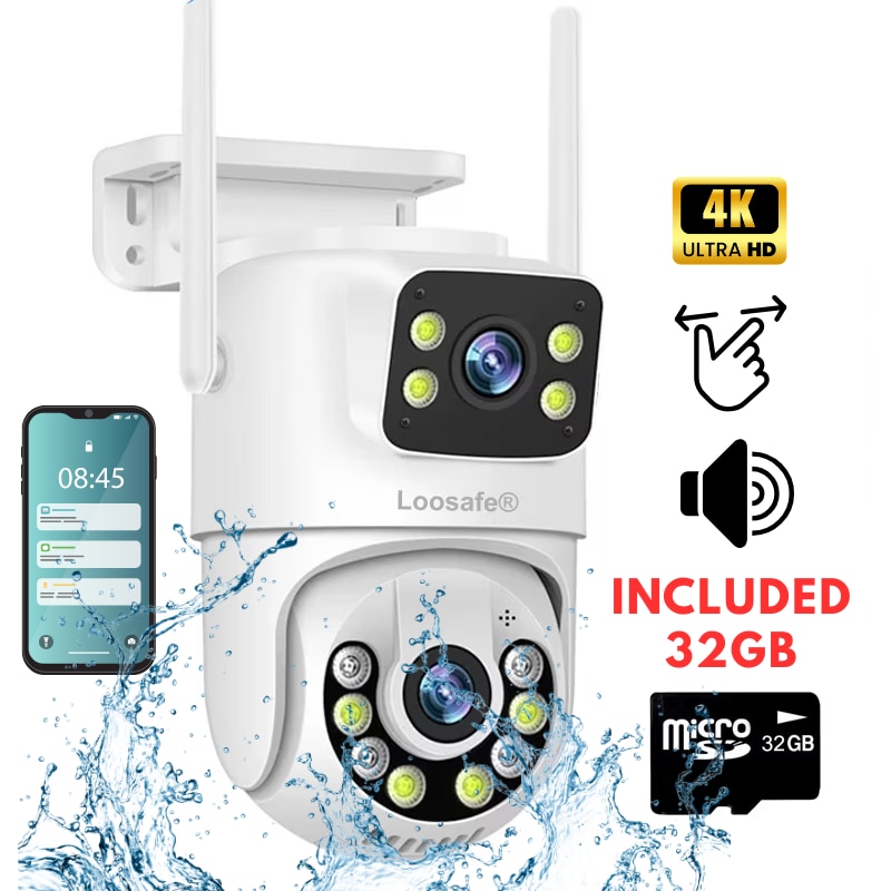 Camera De Supraveghere Video CCTV Dubla WIFI Loosafe® 80XM Safe Pal, 8MP, Exterior/Interior, Ultra HD 4K, 4X Zoom, Rotire, Leduri Lumina, Comunicare Bidirectionala, Stocare Card/Cloud, Senzor Miscare, Alb