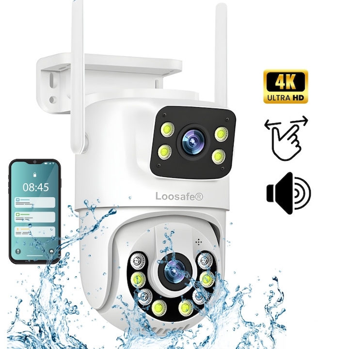 Camera De Supraveghere Video CCTV Dubla WIFI Loosafe® 80XM Safe Pal, 8MP, Exterior/Interior, Ultra HD 4K, 4X Zoom, Rotire, Leduri Lumina, Comunicare Bidirectionala, Stocare Card/Cloud, Senzor Miscare, Alb