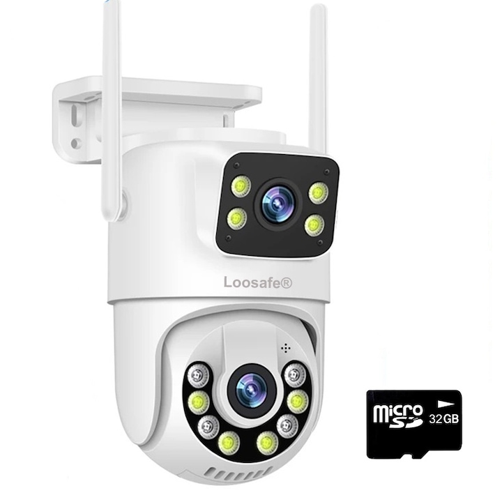 CCTV камера за видеонаблюдение Double WIFI Loosafe® 80XM Safe Pal, 8MP, Outdoor/Indoor, Ultra HD 4K, 4X Zoom, Rotation, LED Light, двупосочна комуникация, Card/Cloud Storage, Motion Sensor, White