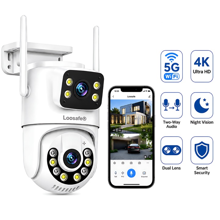 Camera De Supraveghere Video CCTV Dubla WIFI Loosafe® 80XM Safe Pal, Upgrade 5G WiFi, 8MP, Exterior/Interior, Ultra HD 4K, 4X Zoom, Rotire, Leduri Lumina, Comunicare Bidirectionala, Stocare Card/Cloud, Senzor Miscare, Alb