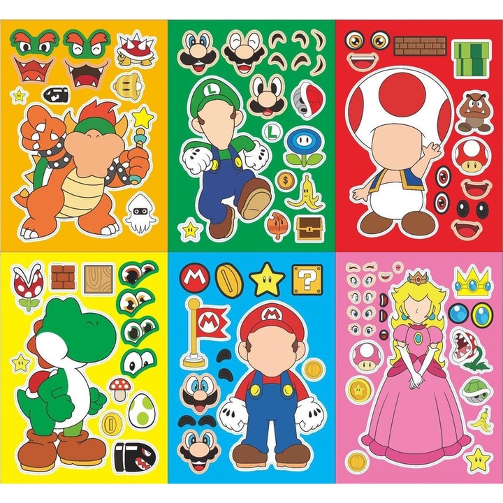 Комплект от 12 листа декоративни стикери за деца, 6 анимационни модела, многоцветни