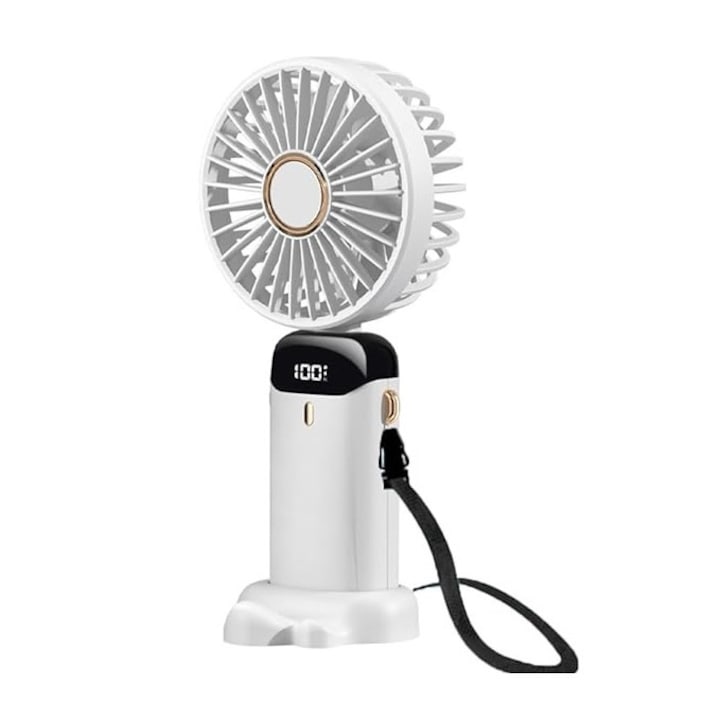 4 az 1-ben 5 sebességes hordozható ventilátor, összecsukható, 10000 mAh, telefontartóval, ízesített, fehér, 190x90x60mm