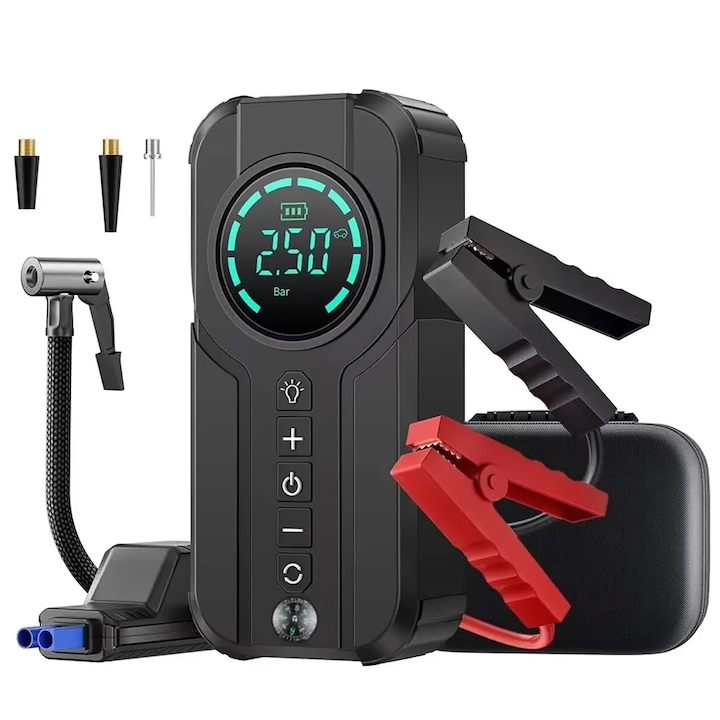 Autóindító és légkompresszor 2 az 1-ben, Innovify™ TruckPower, 6 L benzines vagy 3 L dízelmotorhoz, maximális áramerősség 2000 A, kapacitás 16 000 mAh, zseblámpa, USB powerbank, hordozható autó akkumulátortöltő, intelligens csipeszek és szállítótok