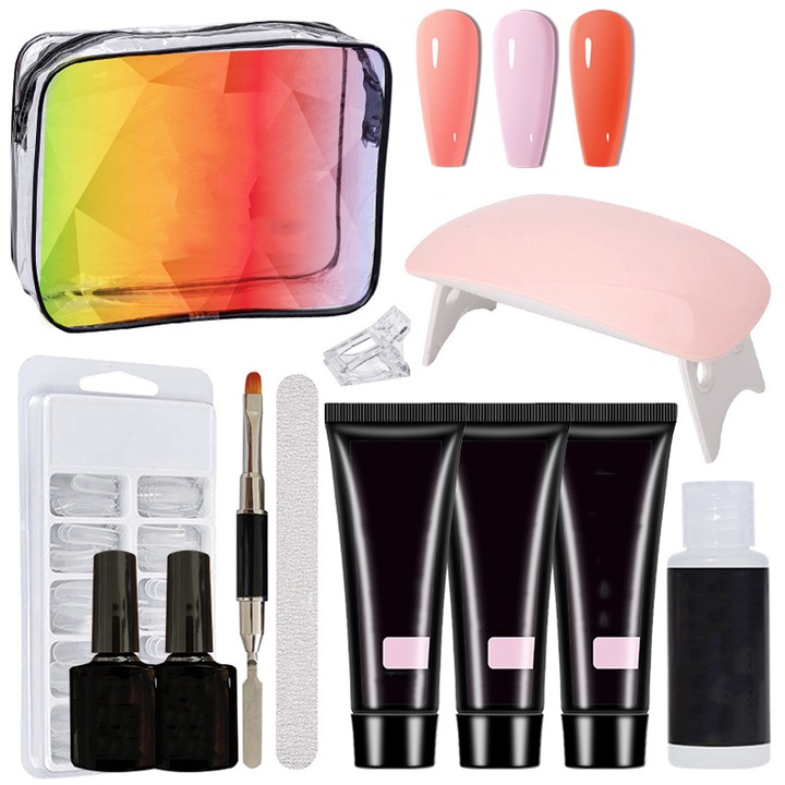 Kit Nail Art, NUODWELL, 11 buc, Cu 3 colours builder nail gel, LED nail dryer Lamp, Miros redus, non-toxic, Sigura si durabila, Compact si elegant, Pentru extinderea unghiilor, pictura 3D pe unghii, Sticla, 180x120mm, Multicolor