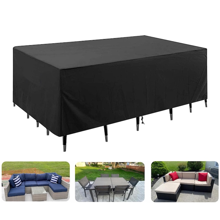 Husa de protectie pentru mobilier gradina, NUODWELL, Impermeabil, Rezistent la vantpa si rupere, Durabil si robust, Usor de curatat si de depozitat, Pentru canapele, scaune si mobilier, Oxford 210D, 213x132x74cm, Negru
