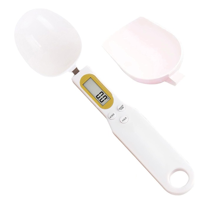 Cantar manual cu lingura de masurare, SINBINTA, 0.1 g-500 g, Preciziune inalta, Multiple unitati de masura, Usor de demolat, Ecran LCD, Oprire automata, Portabil, Design suspensie, ABS/Plastic, 5.8x23/7x25.5cm, Alb