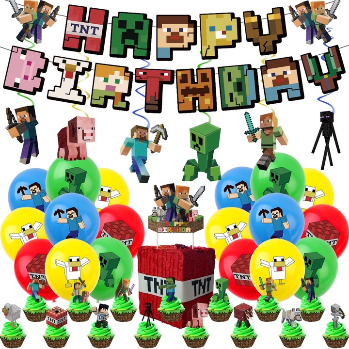 Minecraft születésnapi parti kellékkészlet, 2 Minecraft banner, 6 spirál, 16 tortalap, 20 latex léggömb, környezetbarát, könnyen felszerelhető, újrafelhasználható, nem fakul, többféle méretben, többszínű