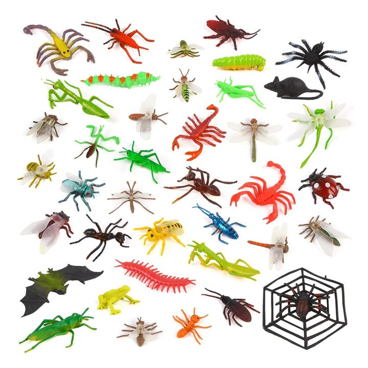 Set 39 bucati insecte, SINBINTA, Jucarii educationale, Simulare de maiestrie, Non-toxic si inofensiv, Nu se estompeaza, Rezistent la deformare, pentru petreceri tematice, Cupcake Toppers, Cauciuc/PVC, 3-9cm, Multicolor
