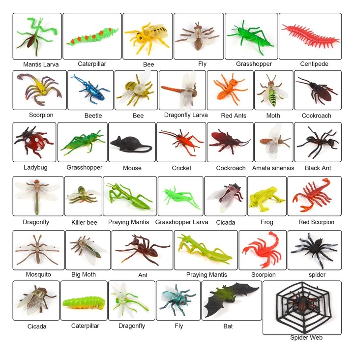 Set 39 bucati insecte, SINBINTA, Jucarii educationale, Simulare de maiestrie, Non-toxic si inofensiv, Nu se estompeaza, Rezistent la deformare, pentru petreceri tematice, Cupcake Toppers, Cauciuc/PVC, 3-9cm, Multicolor