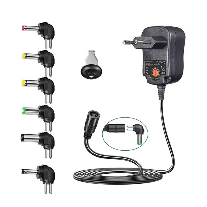 Adaptor de alimentare reglabil cu transformator, Begleri®,12W,3V-12V, cu 6 mufe, adaptor multi-tensiune, Negru