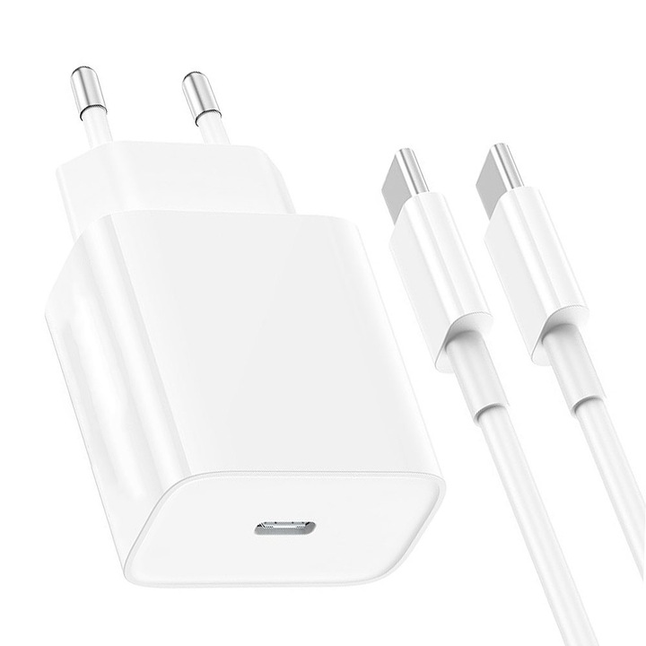 Incarcator retea, compatibil iPhone 15, Fast Charge 20W, Cablu USB Type C la Type C, Alb