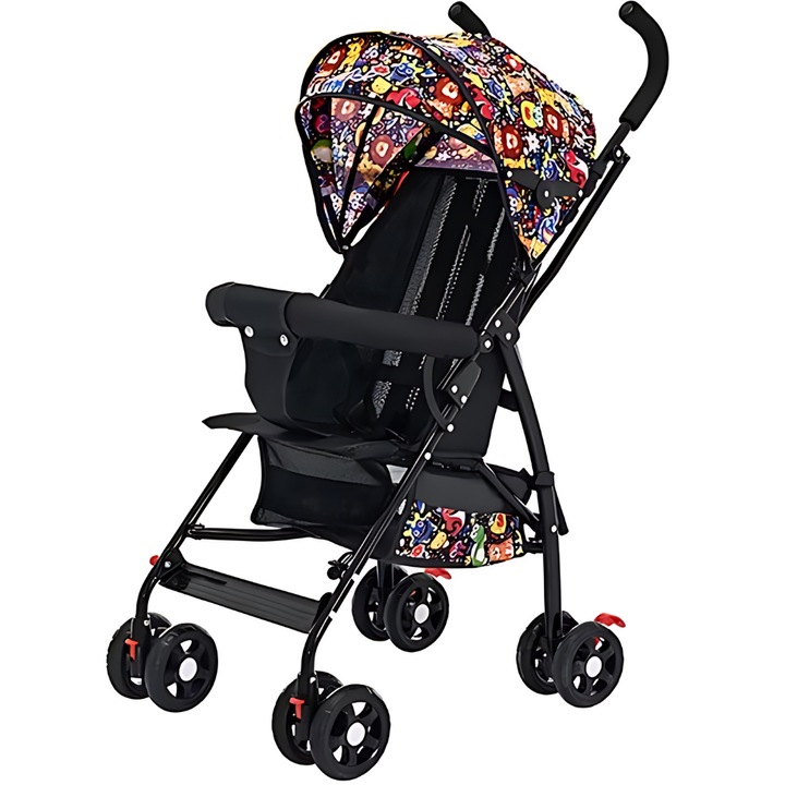 Carucior multifunctional pentru bebelusi PROMERCO®, pliabil, copertina cu protectie UV, roti duble si pivotante, sistem de franare cu pedala, 0-36 luni, centura de siguranta in 3 puncte, multicolor