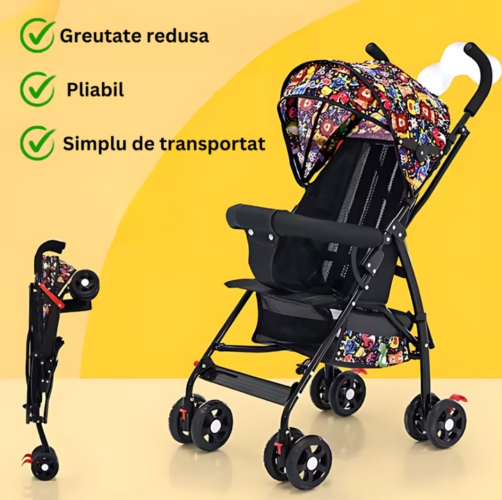 Carucior multifunctional pentru bebelusi PROMERCO®, pliabil, copertina cu protectie UV, roti duble si pivotante, sistem de franare cu pedala, 6-36 luni, centura de siguranta, multicolor