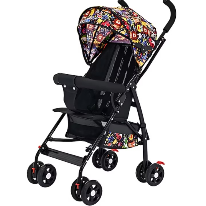 Carucior multifunctional pentru bebelusi PROMERCO®, pliabil, copertina cu protectie UV, roti duble si pivotante, sistem de franare cu pedala, 6-36 luni, centura de siguranta, multicolor