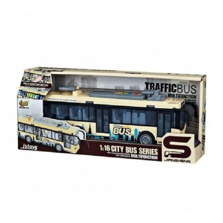 Troleibuz galben cu frictiune si usi care se deschid, sunete si lumini, 1:16, jstoys