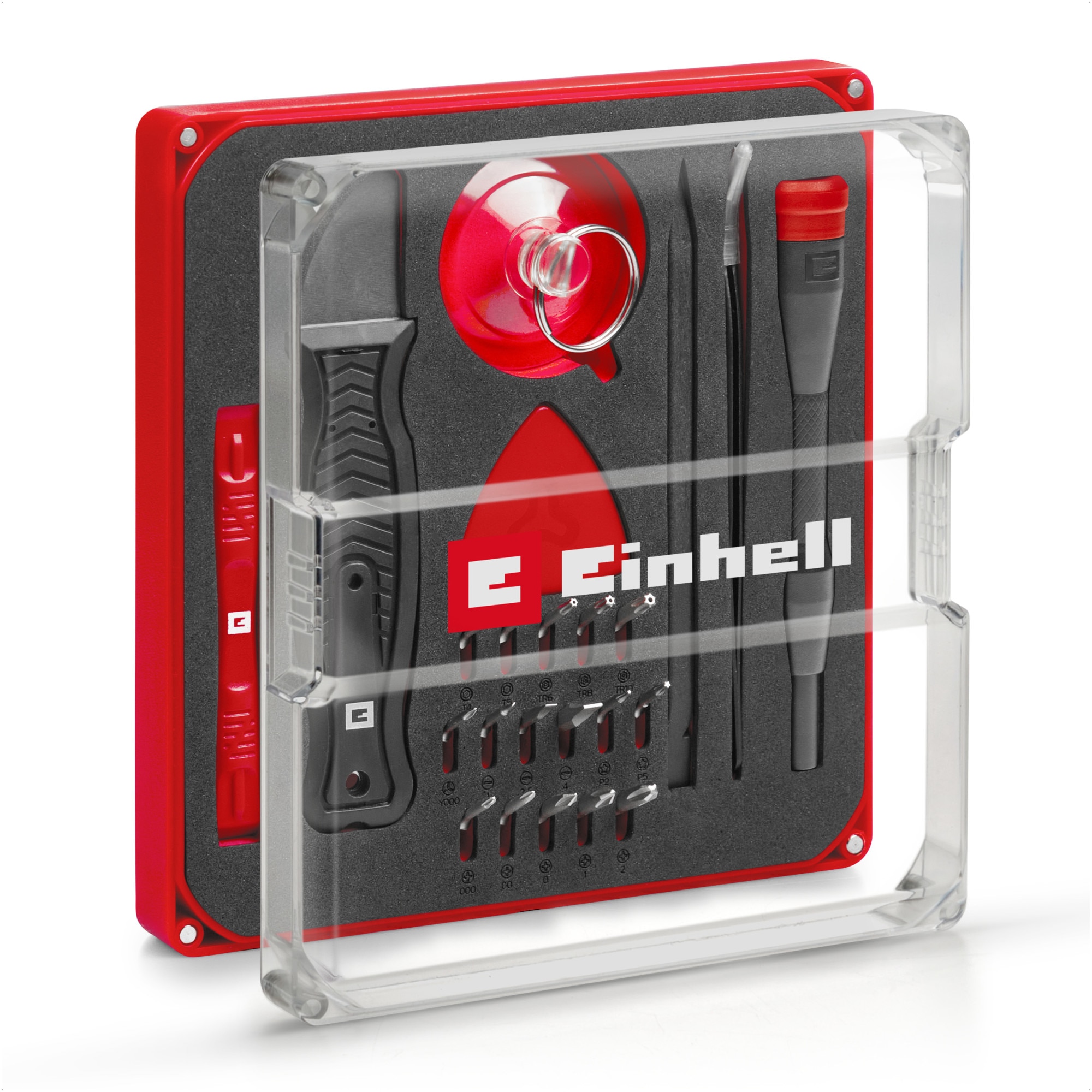 Set 28 de piese Einhell 49115020, biti de precizie, surubelnita cu suport pentru biti, pensete curbate, spudger, spatula, ventuza, cutie depozitare
