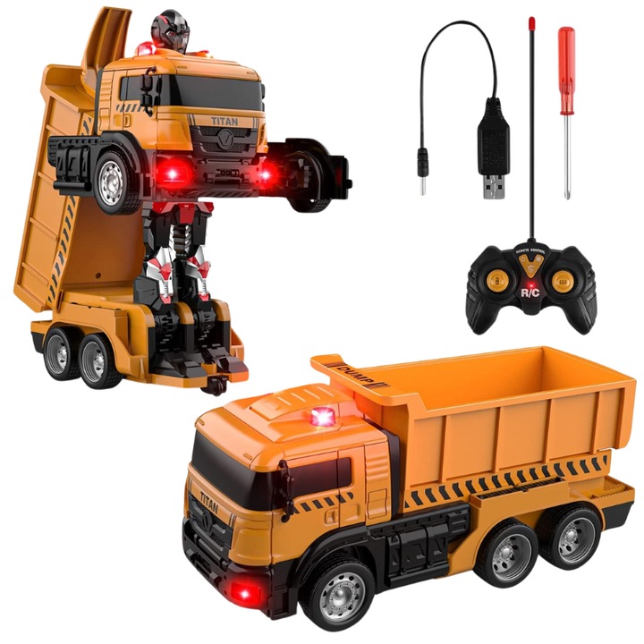 Camion Transformer 3 in 1, Functie Deformare, Buton Demo, Rotire 360 Grade, Sunete si Lumini Realiste, Acumulator Reincarcabil, Basculanta Functionala, 25x20x12 Cm, + 3 Ani, Utility One