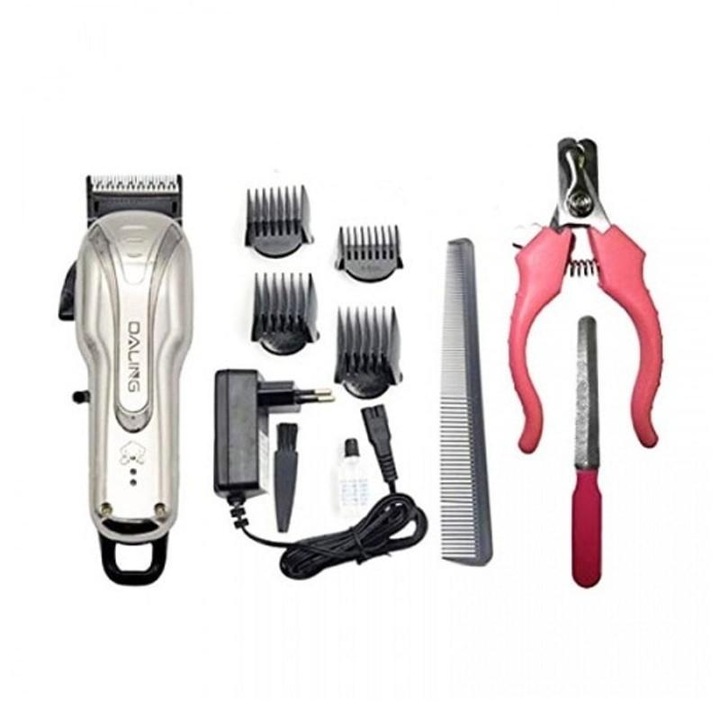 Masina Profesionala de Tuns Animale, Pentru Caini, Pisici, Oi, 8 in 1, Silentioasa, Fara Fir, Autonomie 150 Minute, 4 Capete, Accesorii unghii incluse, Argintiu