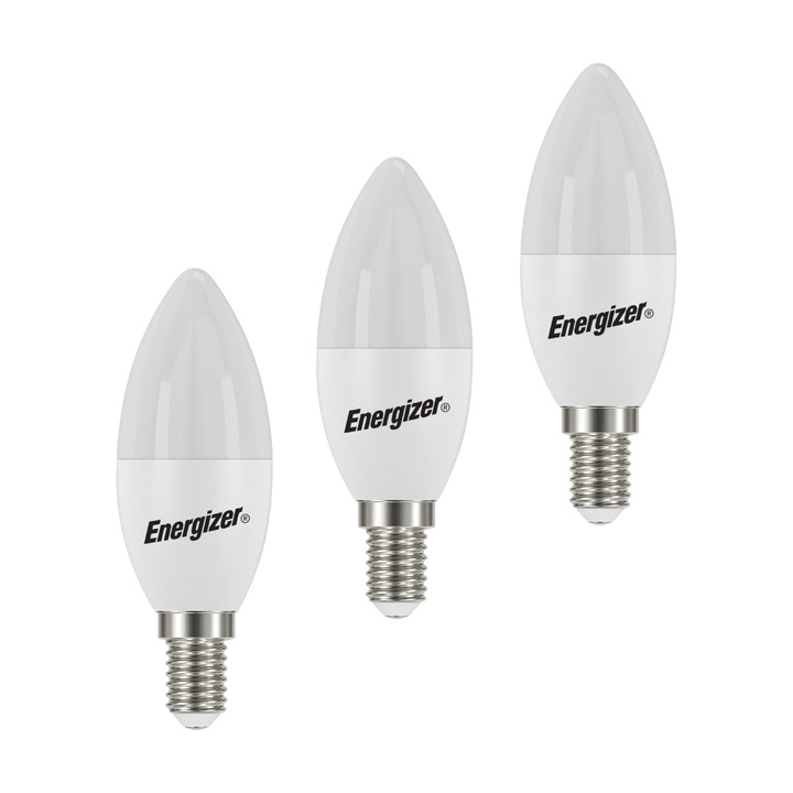 Опаковка от 3 x LED крушка тип свещ, 4,9 W, E14, 470 лумена, 4000K, ъгъл на осветяване 240°, енергиен клас F, енергизатор