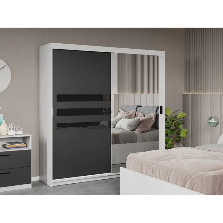 Dulap dormitor, Glass, Gri cu Oglinda, 184cm, Pal Melaminat, Usi Glisante