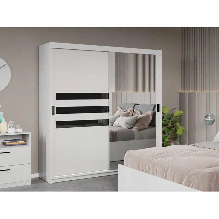 Dulap dormitor, Glass, Alb cu Oglinda, 184cm, Pal Melaminat, Usi Glisante