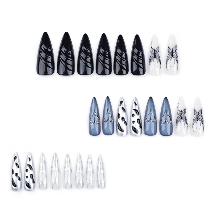 Set 24 unghii false press-on, 3D cu textura ondulata, stil cool si spicy, unghii foarte lungi si ascutite, material ABS, cu adeziv inclus