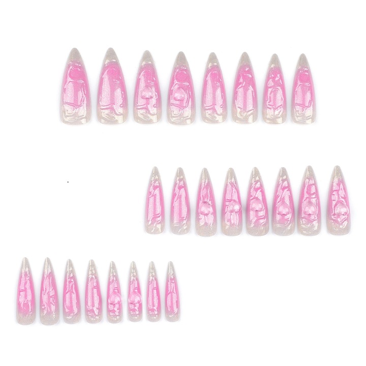 Set 24 unghii false press-on, roz 3D cu inimioare, unghii lungi si ascutite, material ABS, cu adeziv inclus