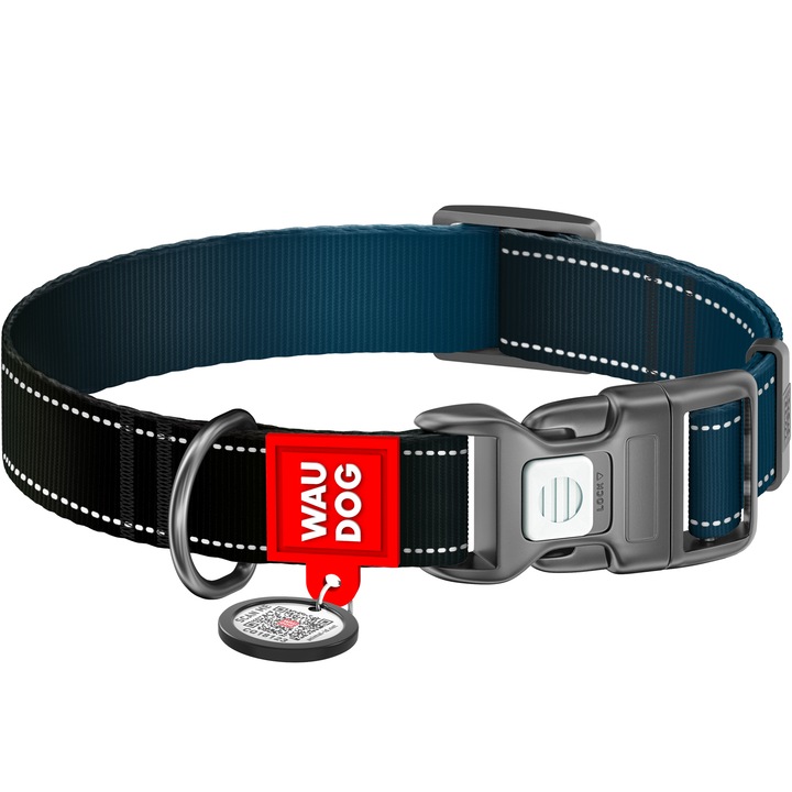 Нашийник за кучета WAUDOG Nylon Mono с QR паспорт, светлоотразителен, с пластмасова катарама, черен M (28-40 см)