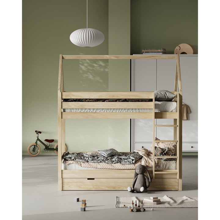 Детско легло Casuta Design, kidoocrafts, 43 LOZ, двуетажно легло, с чекмеджета, 90x190 см, борово дърво, естествен цвят