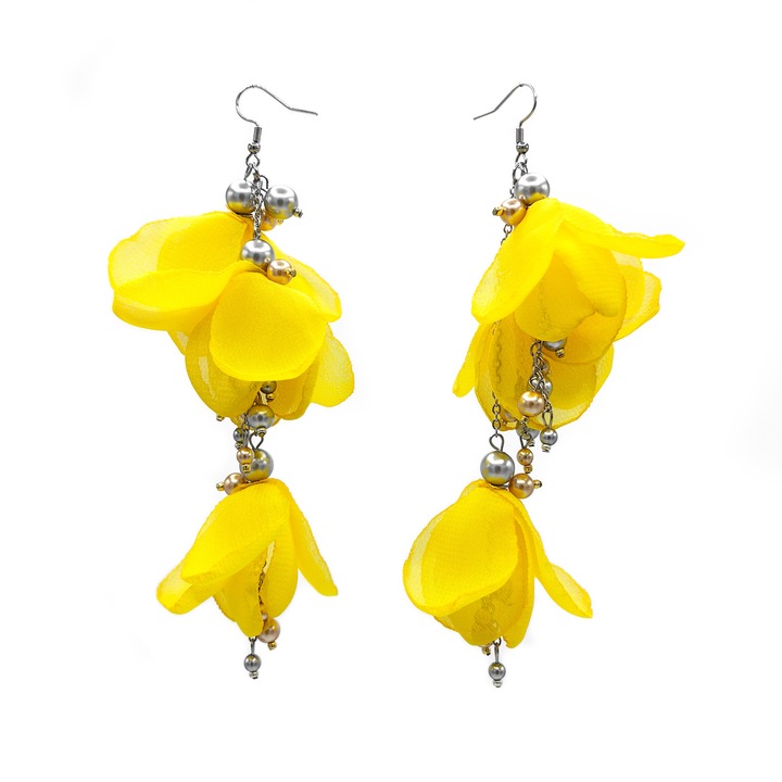 Cercei lungi voluminosi cu flori, Corizmi, Lovely, voal galben, perle si inox