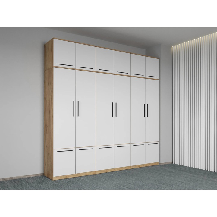 Dulap dormitor, Madrid, StejarAuriu cu Alb, 6Usi, Suprapozabil, Pal Melaminat