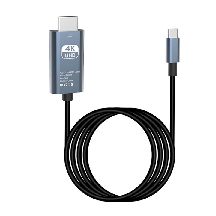 Адаптер USB Type-C към HDMI 4K@30Hz, Darklove, 2 м, Plug & play, Издръжлив, Антифрикционен, Преносим, Ергономичен дизайн, Съвместим с монитор, компютър и таблет, За запис на игри, обучение и конференции, Черен, Алуминий/ PVC