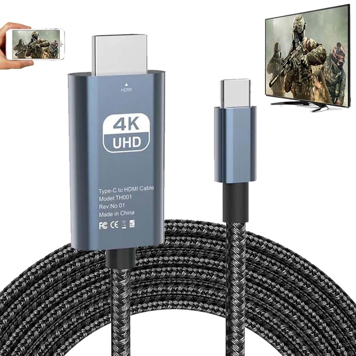Adaptor USB Type-C la HDMI 4K@60Hz, Darklove, 2m, Plug & play, Durabile, Anti-frecare, Portabil, Design ergonomic, Compatibil monitor, computer si tableta, Pentru inregistrare gaming, predare si conferinta, Negru, Aluminiu