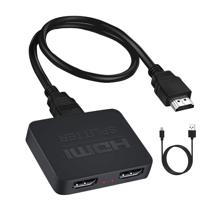 Splitter video HDMI 4K, Darklove, Cu cablu USB si HDMI, 1x intrare 2x iesiri, Suporta pana la 1080P/60Hz, HDCP 1.4, Suport 3D, Alimentare microUSB 5V 1A, Durabile, Anti-frecare, Portabil, Plastic, 6.3x5.3x1.2 cm, Negru