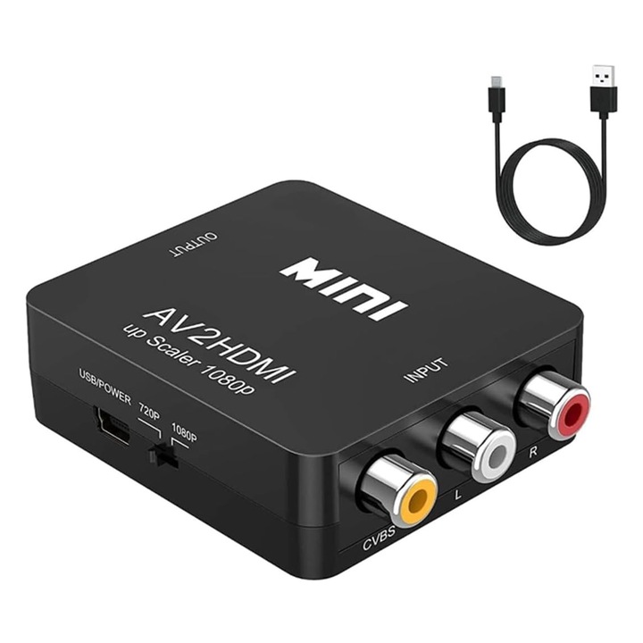 Адаптер за мини конвертор, Darklove, RCA към HDMI, С USB кабел, Full HD 1080p(60HZ) видео и стерео аудио, 5V 1A, Plug to Play, Издръжлив, Лесен за използване, Антифрикционен, Преносим, ABS, 6 х 5,4 х 2 см, черен